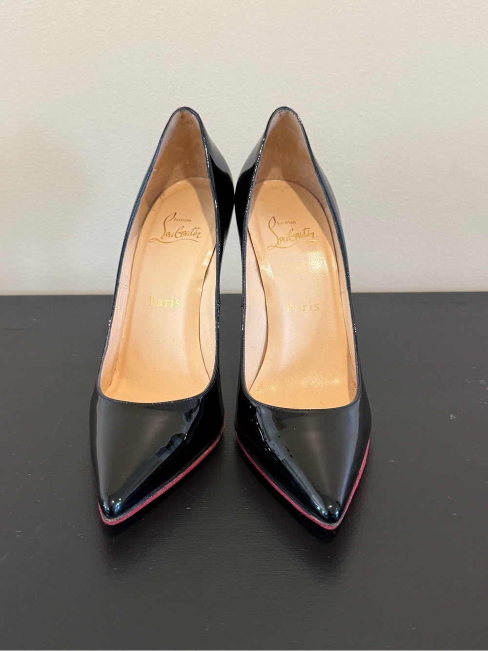 Christian Louboutin Black Patent Pointed Toe Pumps with Red Trim Size 37